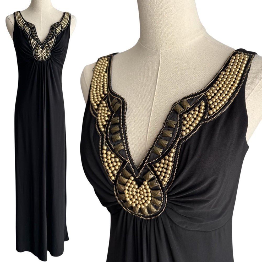 Black Beaded Maxi Dress Sz 2 XS Sleeveless V-Neck Boho Glam Evening Gown Party